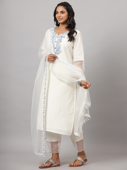 Women's White CHINON Solid Embroidered Kurta Set