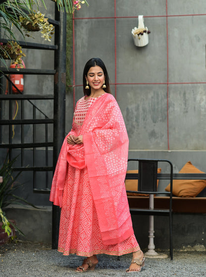 Women's Pink Handblock Dupatta Set