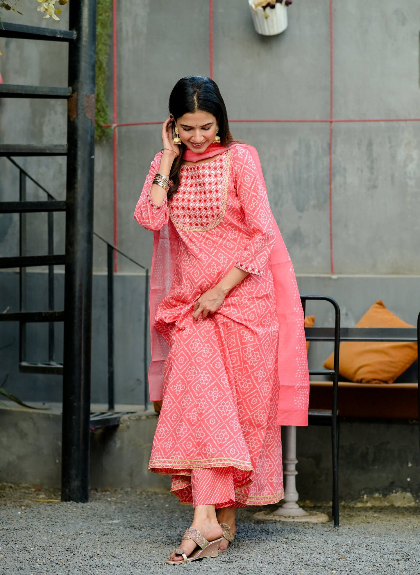 Women's Pink Handblock Dupatta Set