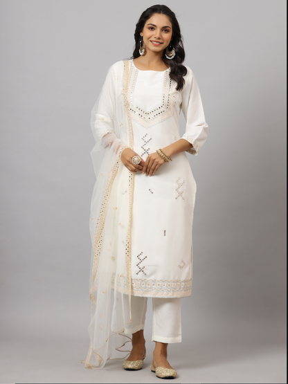 Women's White CHINON Solid Embroidered Kurta Set