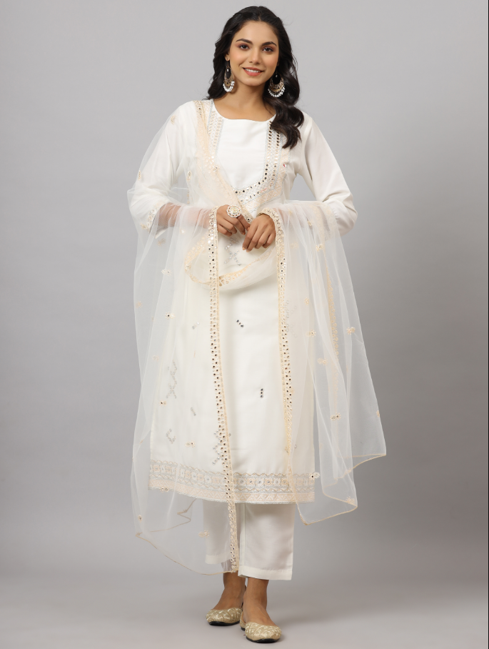 Women's White CHINON Solid Embroidered Kurta Set