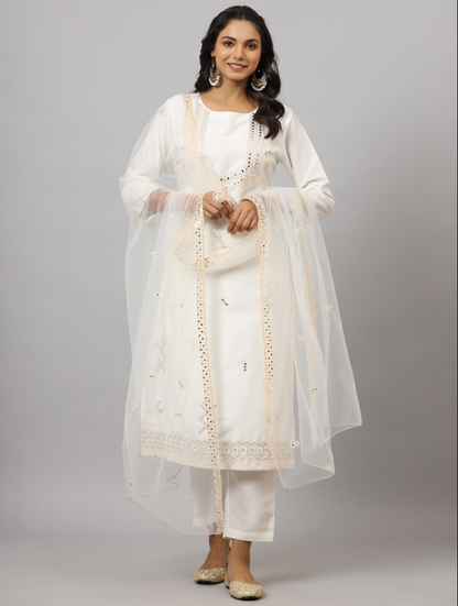 Women's White CHINON Solid Embroidered Kurta Set