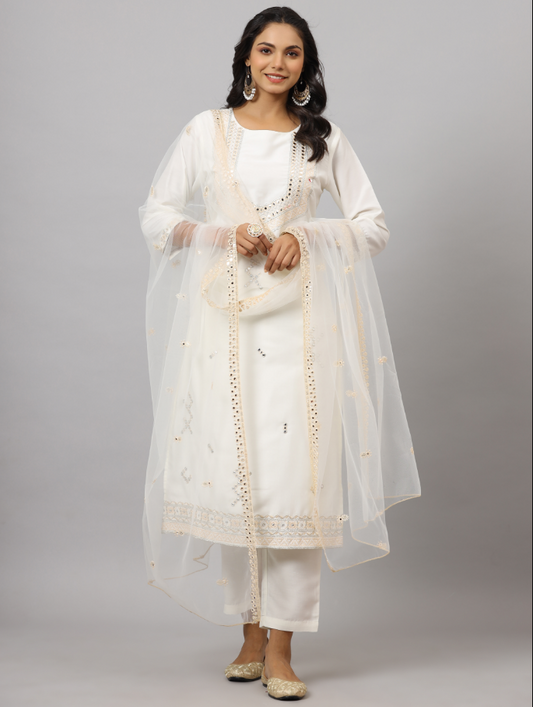 Women's White CHINON Solid Embroidered Kurta Set