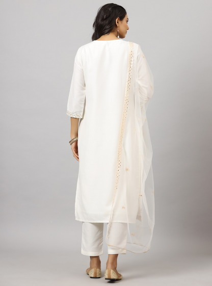 Women's White CHINON Solid Embroidered Kurta Set