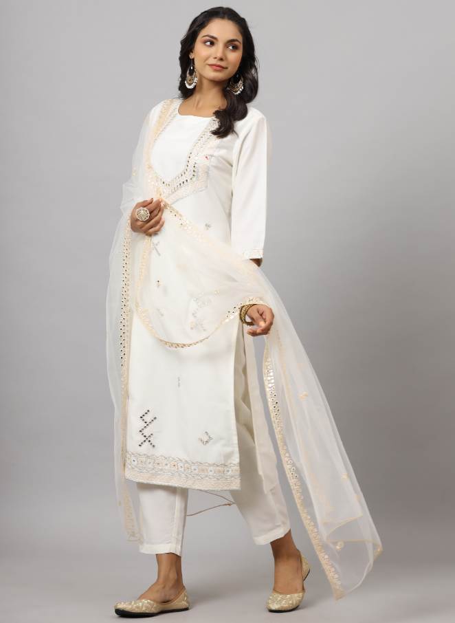 Women's White CHINON Solid Embroidered Kurta Set