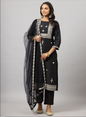 Women's Black CHINON Solid Embroidered Kurta Set