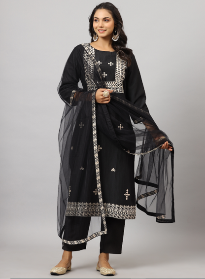 Women's Black CHINON Solid Embroidered Kurta Set