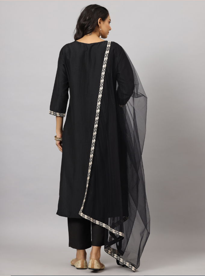 Women's Black CHINON Solid Embroidered Kurta Set