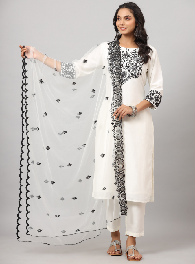 Women's White CHINON Solid Embroidered Kurta Set