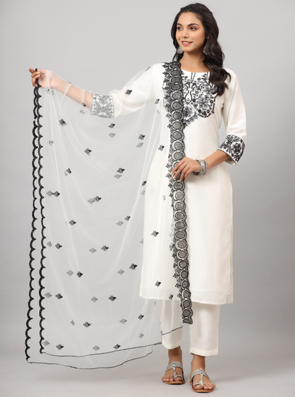 Women's White CHINON Solid Embroidered Kurta Set