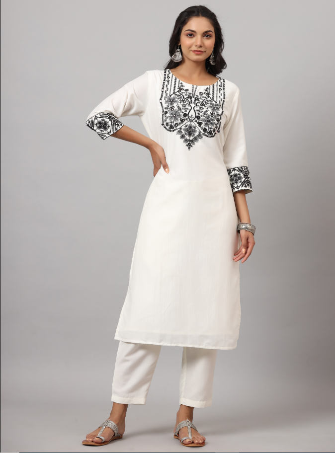 Women's White CHINON Solid Embroidered Kurta Set