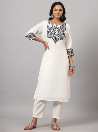 Women's White CHINON Solid Embroidered Kurta Set