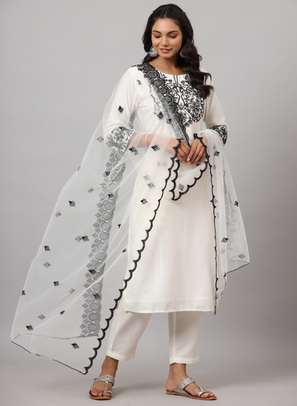 Women's White CHINON Solid Embroidered Kurta Set
