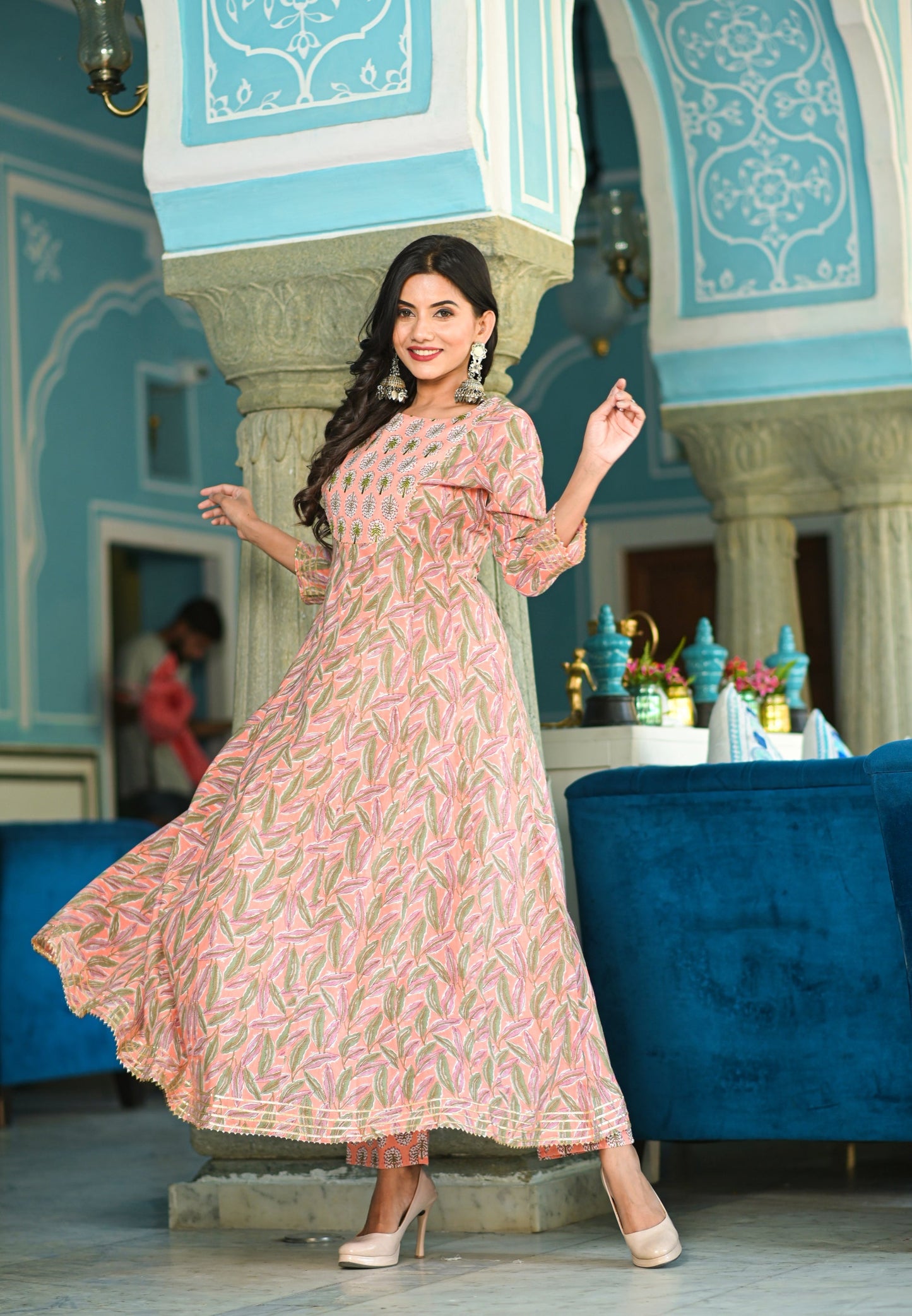 Women's Peach Handblock Dupatta Set