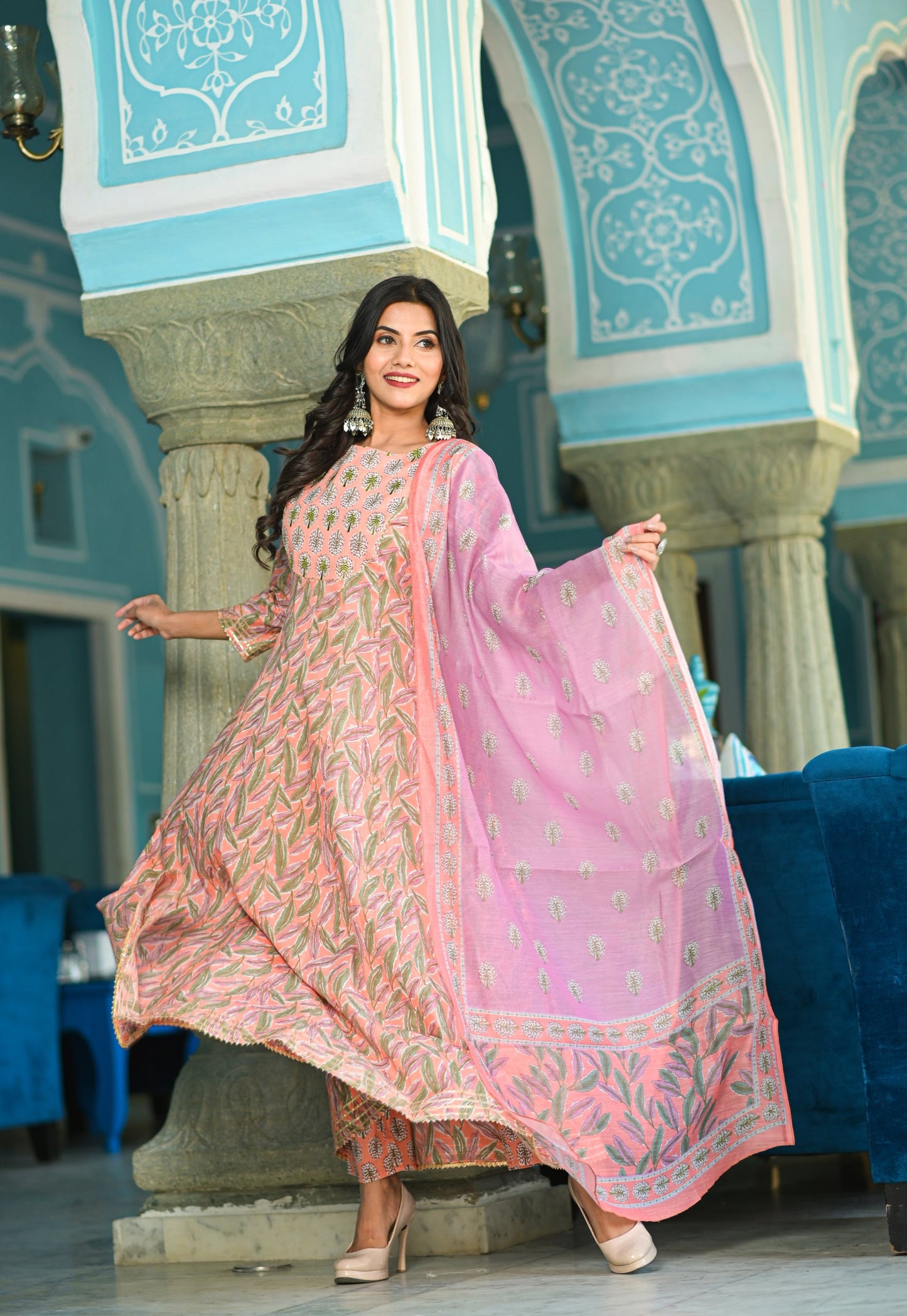 Women's Peach Handblock Dupatta Set