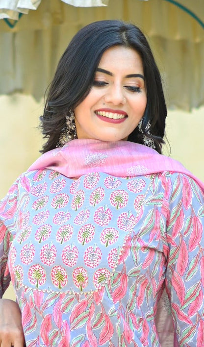 Women's Pink Handblock Dupatta Set