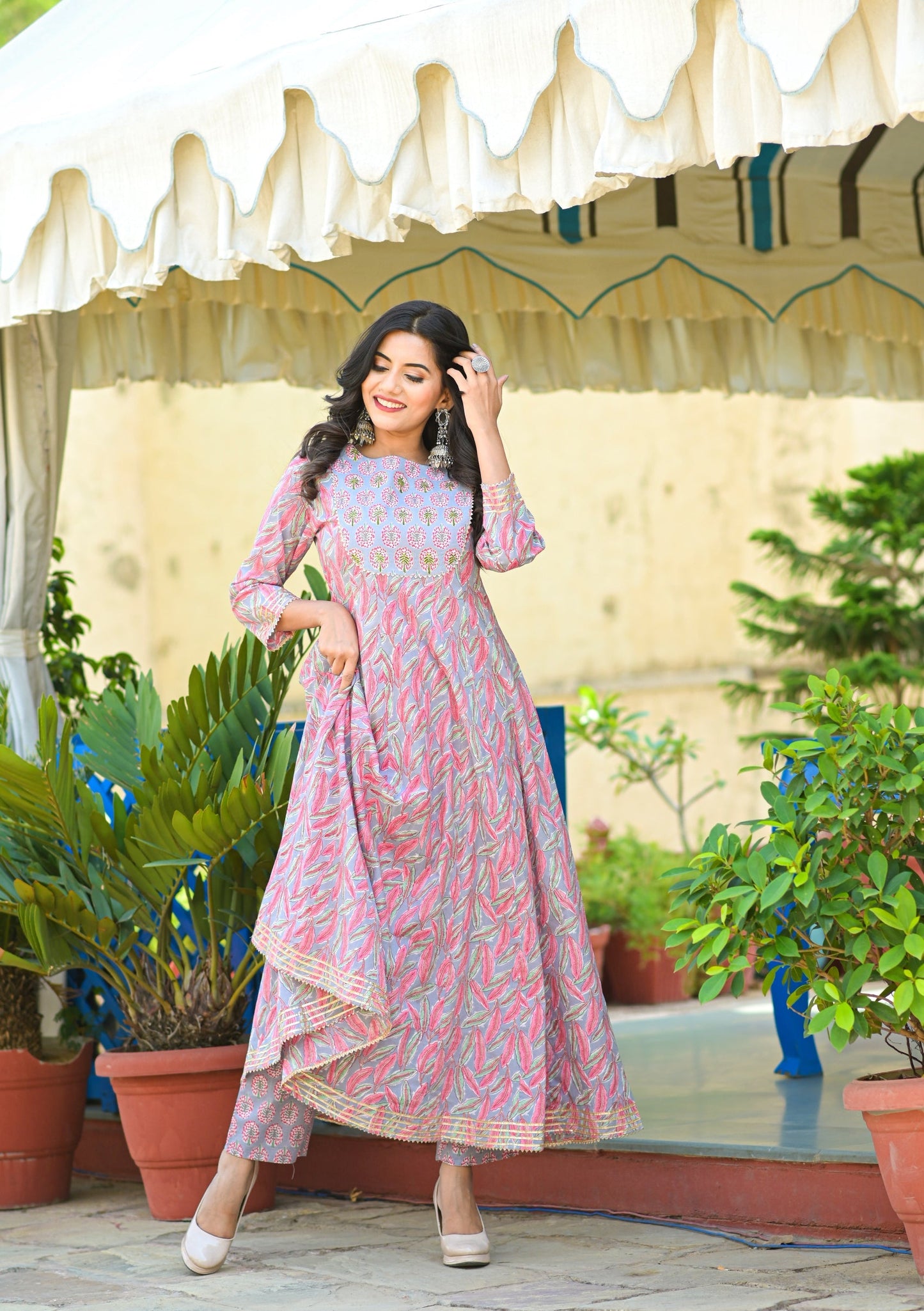 Women's Pink Handblock Dupatta Set
