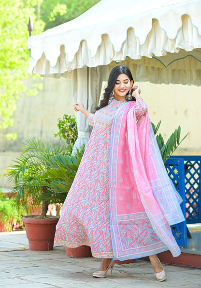 Women's Pink Handblock Dupatta Set