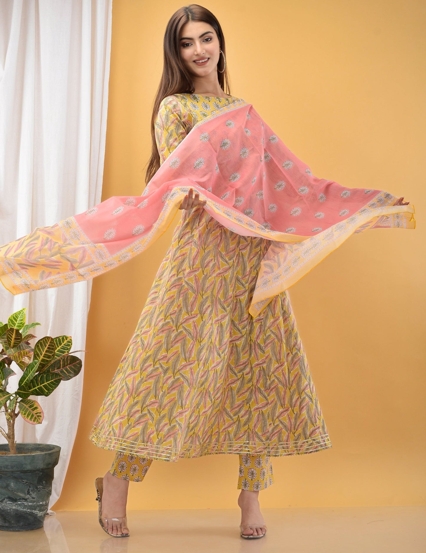 Women's Yellow Handblock Dupatta Set