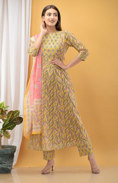 Women's Yellow Handblock Dupatta Set