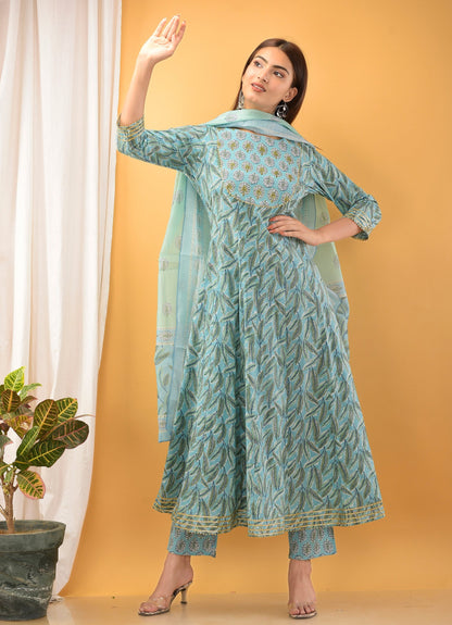 Women's Blue Handblock Dupatta Set