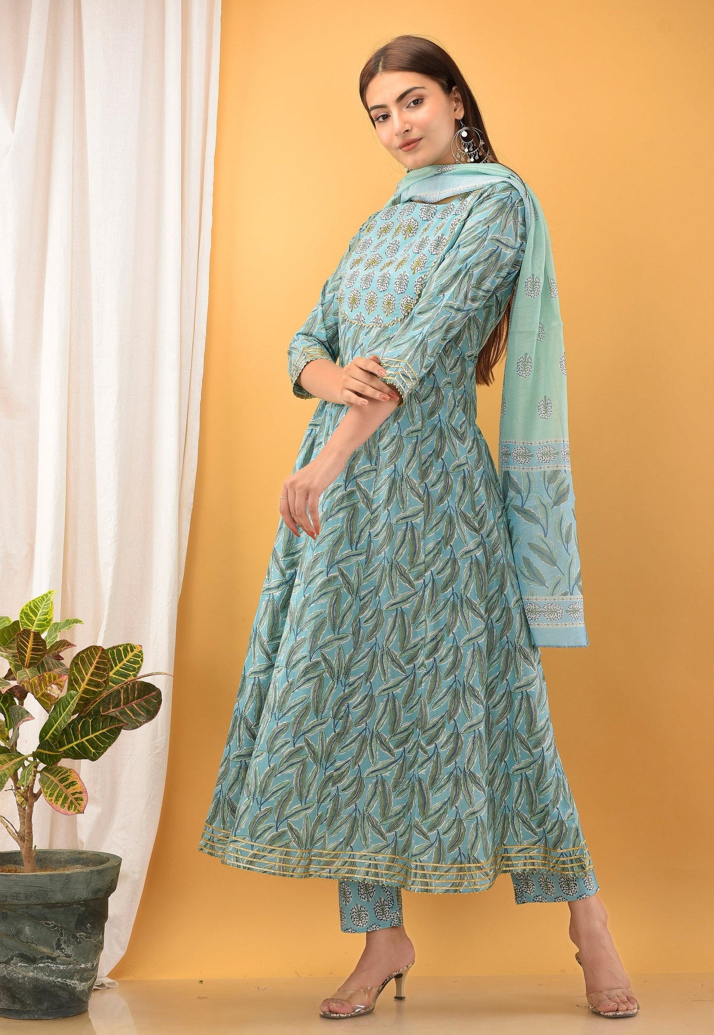 Women's Blue Handblock Dupatta Set