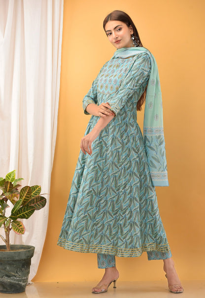 Women's Blue Handblock Dupatta Set