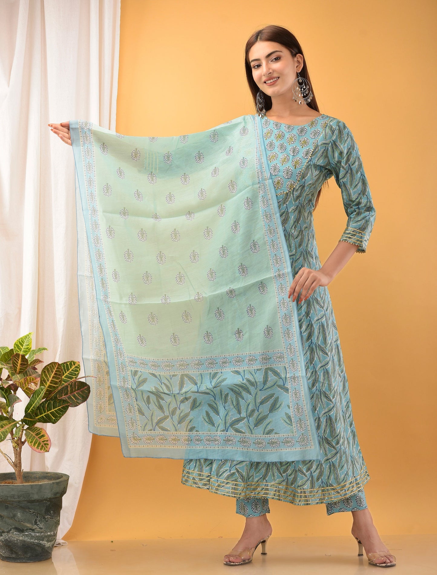 Women's Blue Handblock Dupatta Set