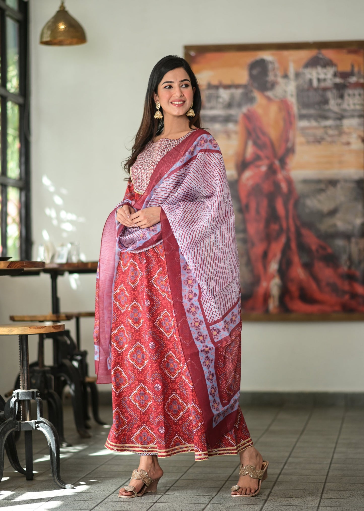 Women's Red Handblock Dupatta Set