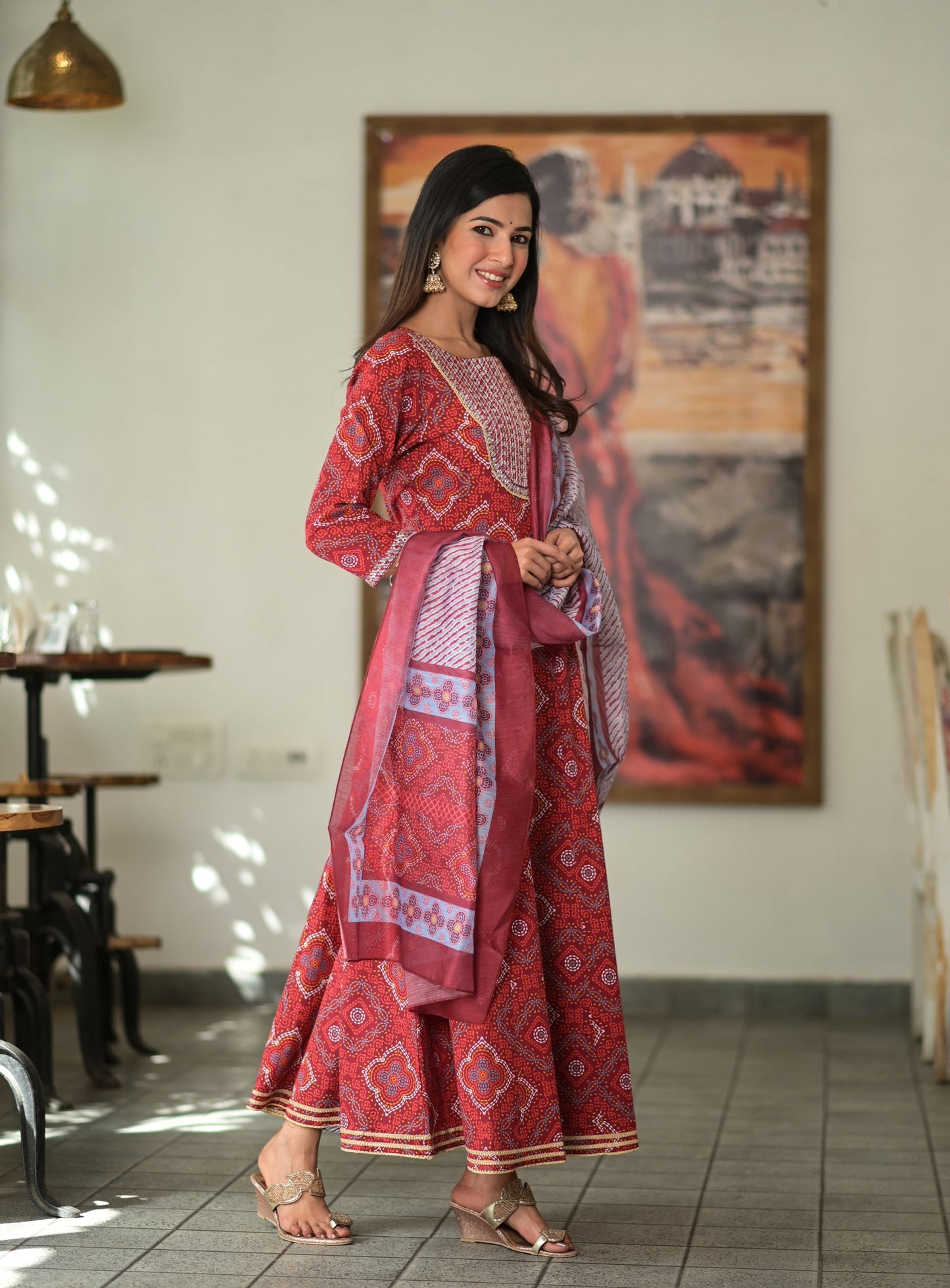 Women's Red Handblock Dupatta Set