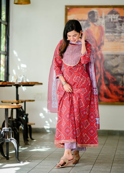 Women's Red Handblock Dupatta Set
