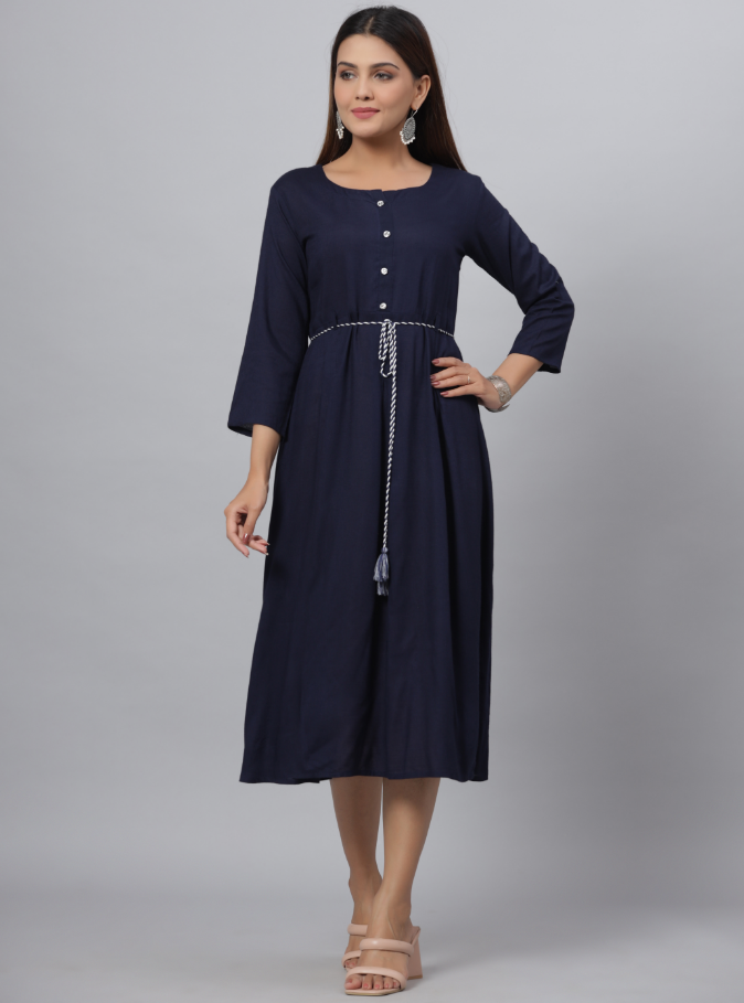 Women's Navy Rayon Slub Solid Dress