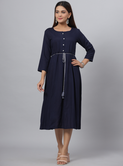Women's Navy Rayon Slub Solid Dress
