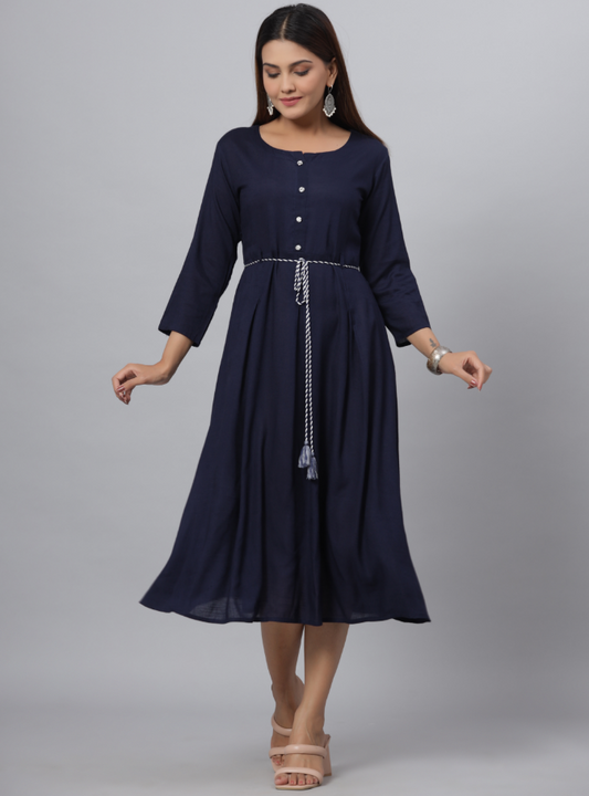 Women's Navy Rayon Slub Solid Dress
