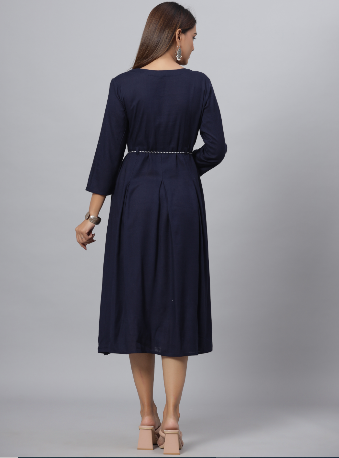 Women's Navy Rayon Slub Solid Dress