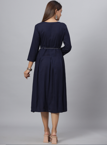 Women's Navy Rayon Slub Solid Dress