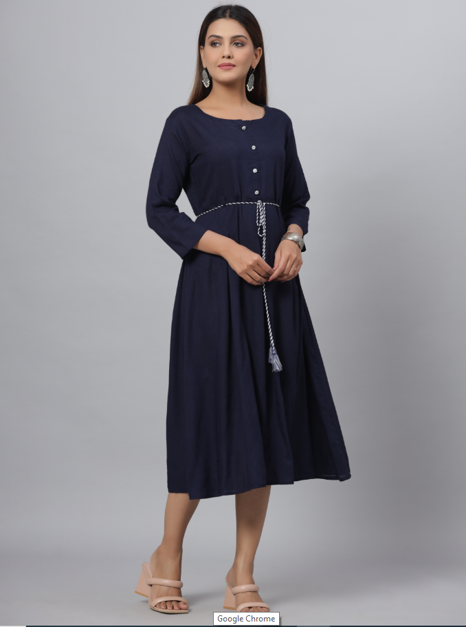 Women's Navy Rayon Slub Solid Dress