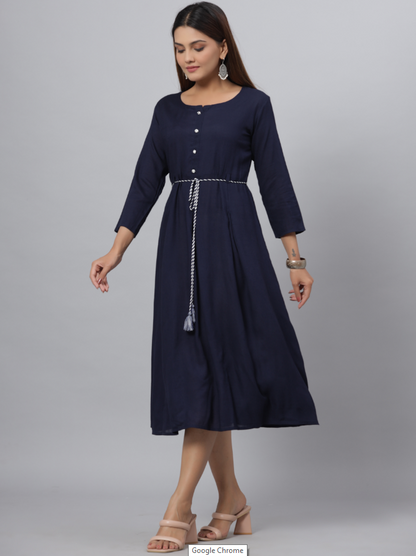 Women's Navy Rayon Slub Solid Dress