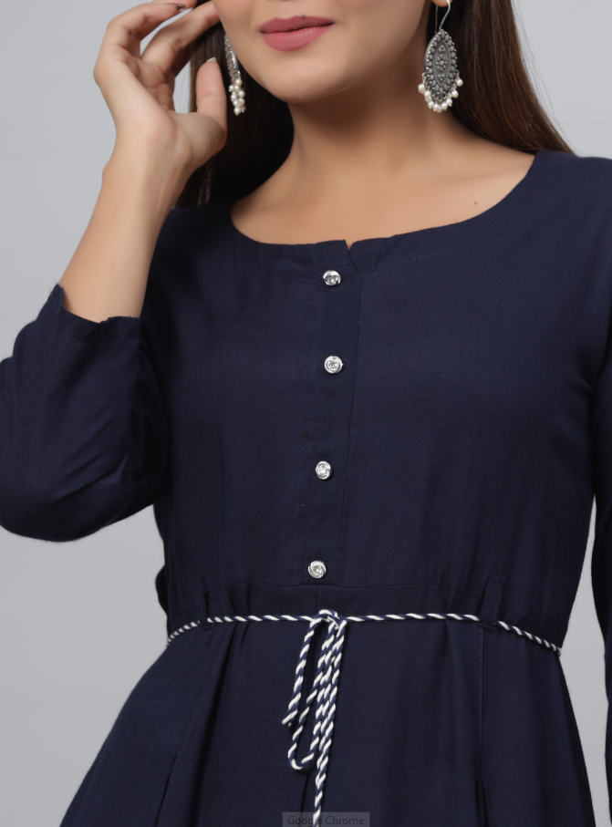 Women's Navy Rayon Slub Solid Dress