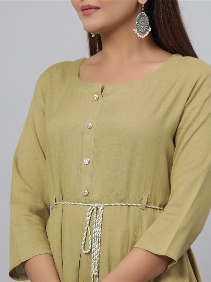 Women's Green Rayon Slub Solid Dress