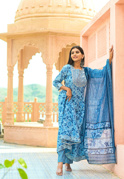 Women's Blue Handblock Dupatta