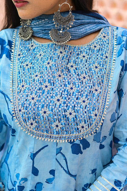 Women's Blue Handblock Dupatta Set