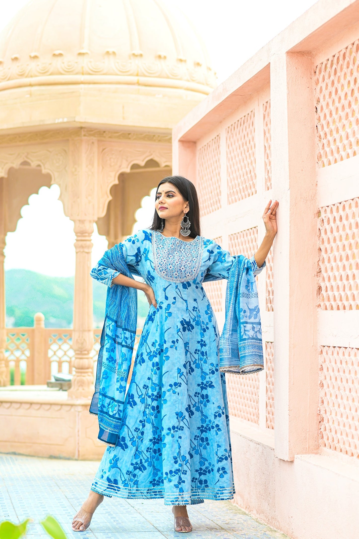 Women's Blue Handblock Dupatta Set