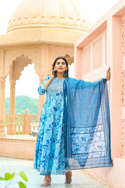 Women's Blue Handblock Dupatta Set