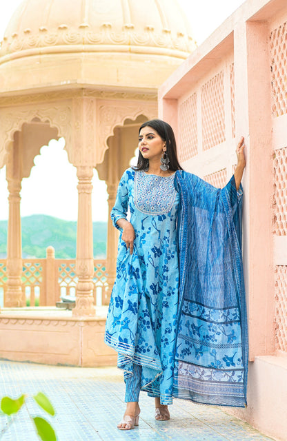 Women's Blue Handblock Dupatta Set