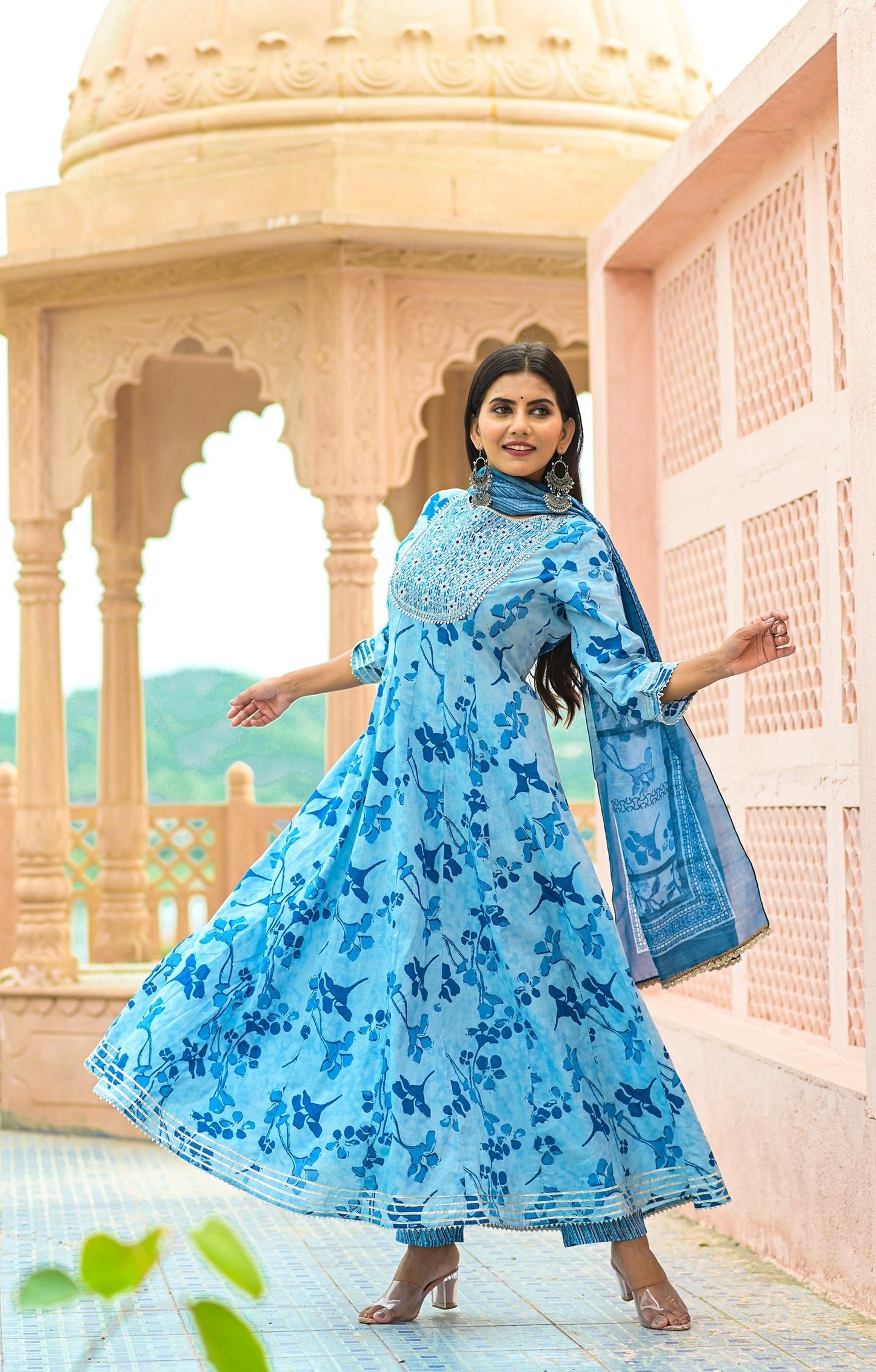 Women's Blue Handblock Dupatta Set