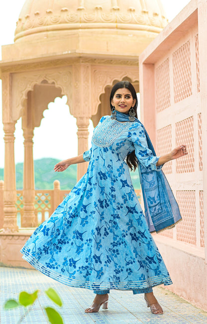 Women's Blue Handblock Dupatta Set
