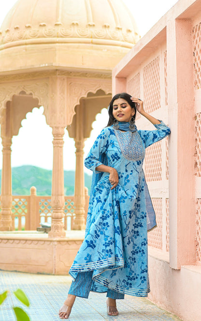 Women's Blue Handblock Dupatta Set