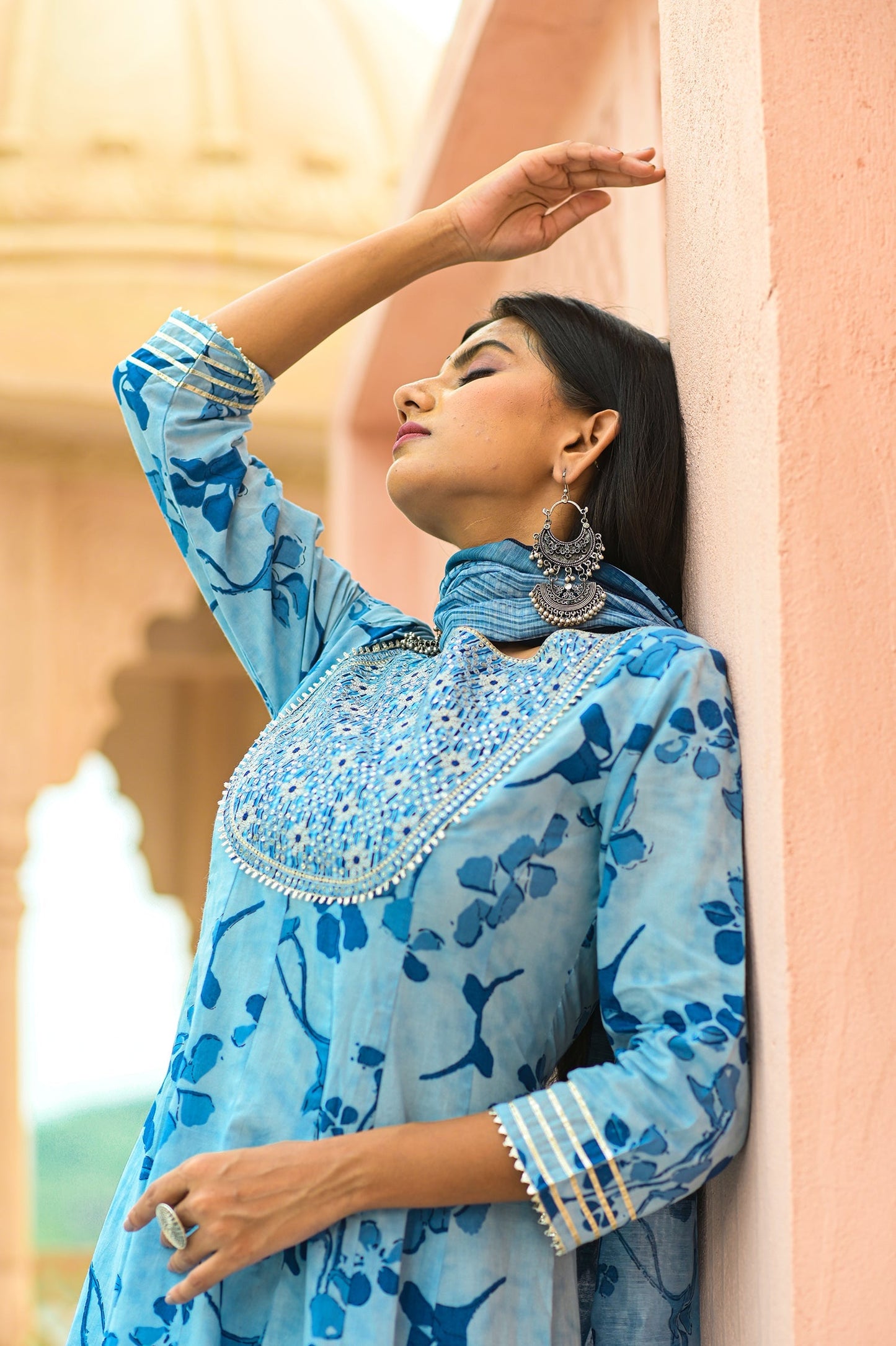 Women's Blue Handblock Dupatta Set
