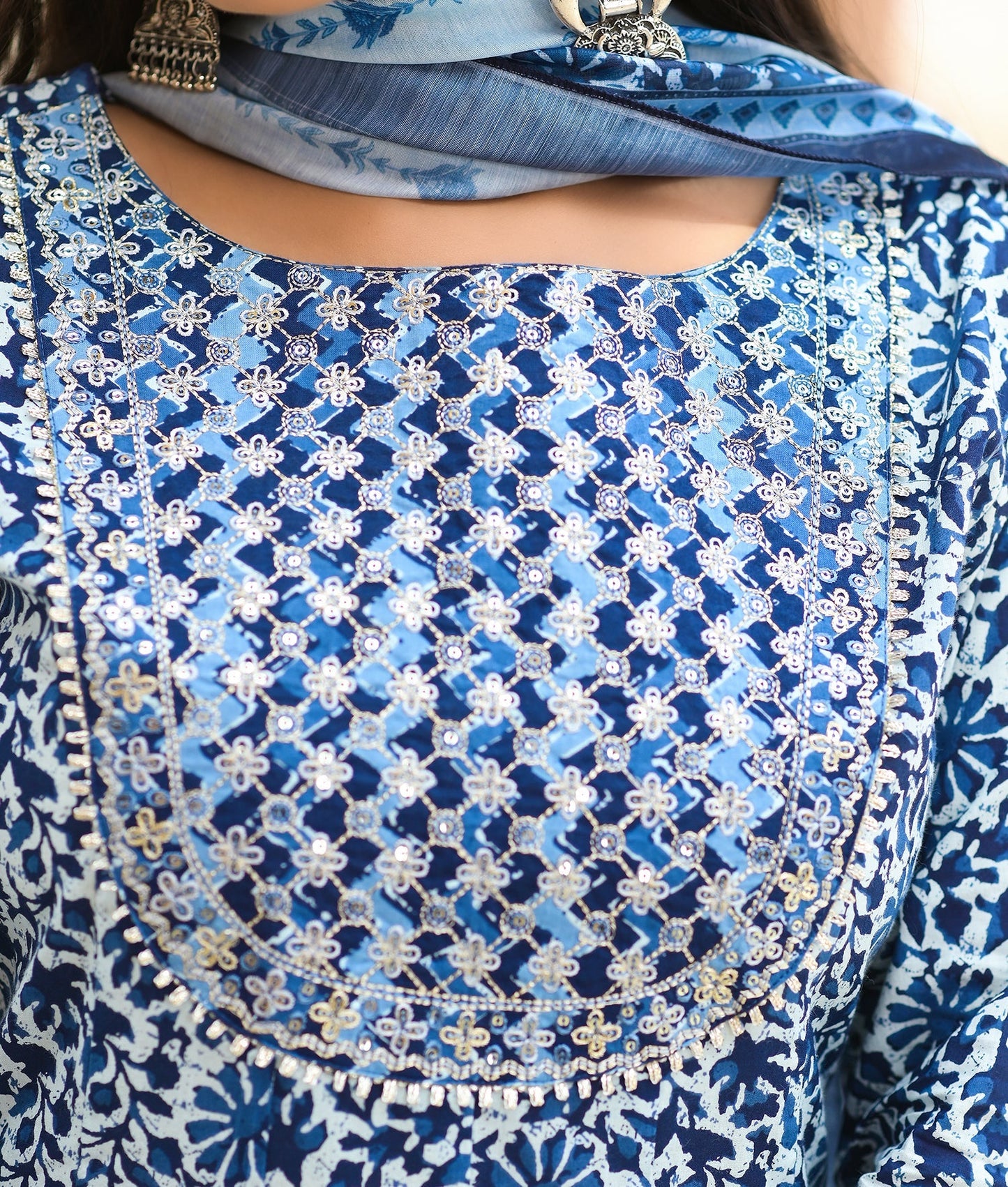 Women's Blue Handblock Dupatta Set